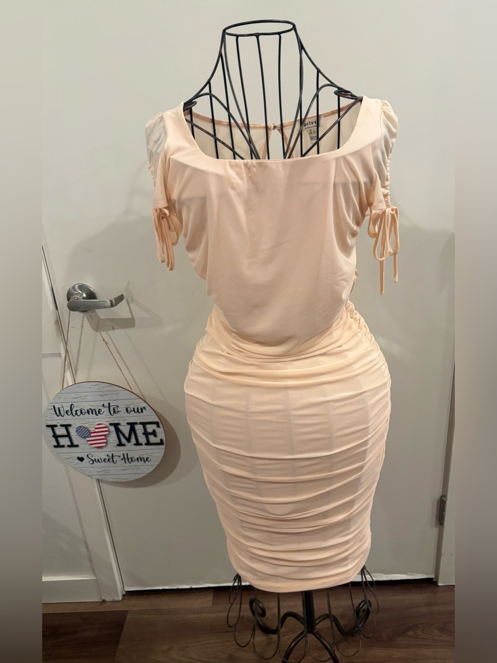 Ruched Midi Bodycon Dress in Light Peach — Women’s